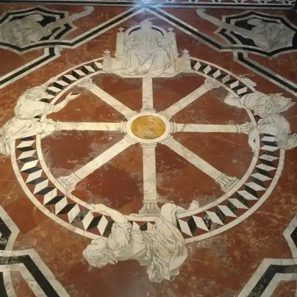 Solar disc at the center of the wheel of fortune floor design of Sienna Cathedral